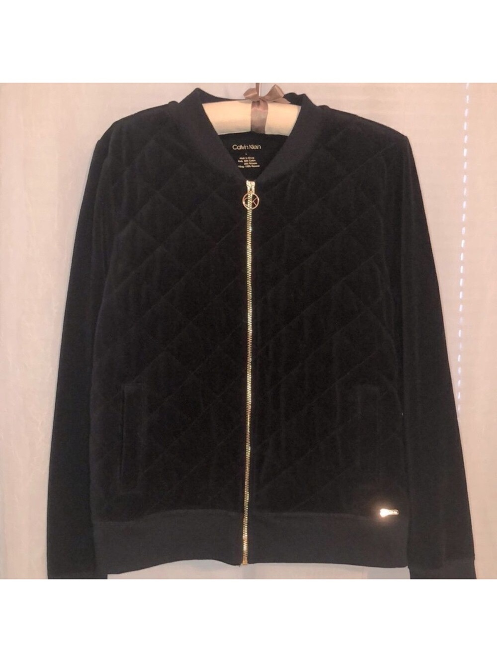 CK L Quilted Front Black Gold Tone Full Zip Velour Bomber Jacket